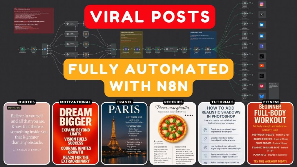 Screenshot from Blotato tutorial video showing n8n automation process